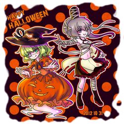  2girls alternate_costume bandage bandages bubble_skirt dated dress eyepatch ghost_tail green_hair halloween happy_halloween hat holloween jack-o'-lantern jack-o'-lantern japanese_clothes kariginu long_sleeves mononobe_no_futo multiple_girls open_mouth orange_dress ponytail pumpkin short_hair silver_hair skirt smile soga_no_tojiko tate_eboshi touhou wide_sleeves witch_hat yoteichouwa 