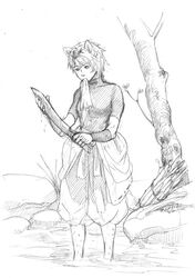 androgynous animal_ears cleaning inubashiri_momiji knife kobushi monochrome mouth_hold sketch solo touhou water wolf_ears 