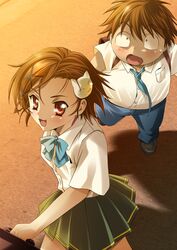  1boy 1girl accel_world arita_haruyuki brown_hair cat_hair_ornament kurashima_chiyuri platin_(alios) red_eyes school_uniform short_hair 