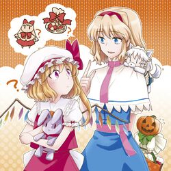  ? alice_margatroid animal_ears bad_id bat_wings blonde_hair blue_eyes blue_hair blush capelet chibi dog_ears dog_tail flandre_scarlet flying_sweatdrops hairband hat hat_ribbon holding inu_sakuya izayoi_sakuya looking_at_another lowres megumiya multiple_girls paws pointy_ears pumpkin red_eyes remilia_scarlet ribbon speech_bubble spoken_object stuffed_animal stuffed_bunny stuffed_toy tail touhou wings 