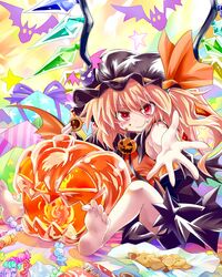  aji082 alternate_color bare_legs barefoot between_legs blush box candy cookie flandre_scarlet food food_on_face gift gift_box hat hat_ribbon highres jack-o'-lantern jack-o'-lantern outstretched_arm outstretched_hand pumpkin red_eyes ribbon short_hair side_ponytail smile solo sweets touhou wings 