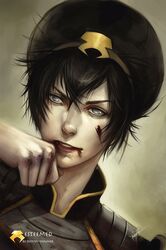  1girl armor avatar:_the_last_airbender black_hair blind blood bruise hair_bun hairband injury legend_of_korra ninjatic portrait short_hair toph_bei_fong 