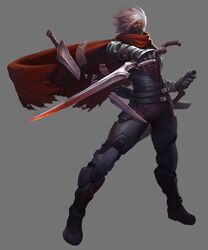  broken_sword gloves grey_background hair_over_one_eye highres nfb-zmc original red_scarf reverse_grip scarf short_hair silver_hair simple_background solo sword weapon yellow_eyes 