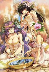  3girls bare_shoulders black_hair blonde_hair breasts cleavage closed_eyes flower hair_flower hair_ornament hisahiko long_hair multiple_girls purple_hair red_eyes smile water 