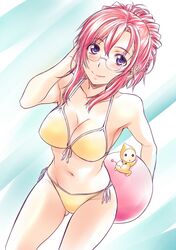  arm_up ball bikini blush breasts collarbone front-tie_top glasses holding kazami_mizuho large_breasts mound_of_venus nagayori navel onegai_teacher purple_eyes red_hair redhead side-tie_bikini smile solo swimsuit violet_eyes yellow_bikini 