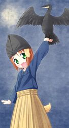  bird blush brown_hair dog_ears dog_tail fang green_eyes hakama highres inuarashi japanese_clothes meiko_(inuarashi) original smile tail 