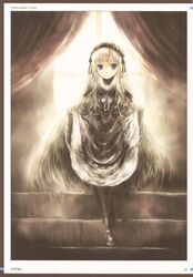  alternate_eye_color artbook backlighting black black_dress black_legwear blonde_hair blue_eyes clothes_grab curtains dress gothic_lolita hairband highres kei_(artist) lolita_fashion long_hair looking_at_viewer original pantyhose scan solo stairs very_long_hair 