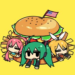  american_flag blonde_hair chan_co chibi closed_eyes eyes_closed food green_hair hair_ribbon hairband hamburger hatsune_miku in_food kagamine_rin long_hair lying megurine_luka minigirl multiple_girls on_stomach open_mouth pink_hair ribbon short_hair twintails vocaloid 