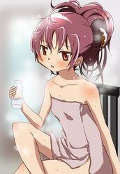  bottle hair_up mahou_shoujo_madoka_magica mesushirindaa milk red_eyes red_hair redhead sakura_kyouko sitting solo steam towel wet 