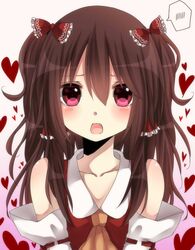  alternate_hairstyle bare_shoulders blush bow brown_hair bust collarbone detached_sleeves fang hair_bow hair_ribbon hair_tubes hakurei_reimu heart heart_background highres long_hair open_mouth red_eyes ribbon solo spoken_blush touhou yamasuta 