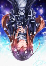  brown_hair chan8191 closed_eyes dress eyes_closed gradient_hair hands_clasped hijiri_byakuren long_hair multicolored_hair panko_(chan8191) purple_hair smile solo touhou two-tone_hair upside-down 