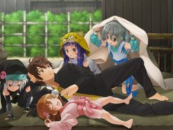  4girls :3 :d :o barefoot blue_hair brown_eyes brown_hair bush d: detached_sleeves facial_mark feet fingerless_gloves gakuran gloves hachisuka_goemon japanese_clothes kimono maeda_inuchiyo multiple_girls namiki_system nene_(oda_nobuna_no_yabou) ninja nose_bubble oda_nobuna_no_yabou onmyouji open_mouth sagara_yoshiharu school_uniform silver_hair smile takenaka_hanbee_(oda_nobuna_no_yabou) takenaka_hanbei_(oda_nobuna_no_yabou) tiger_hood under_covers 