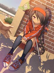  bandaid black_legwear blush braid brown_hair flag gym_shorts hair_over_one_eye hairband kneehighs long_hair original pairan pink_eyes pov shadow shoes single_braid sitting smile sneakers sports_festival track_jacket track_suit very_long_hair zipper 