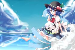  altaria alternate_hair_length alternate_hairstyle barefoot blue_hair bow cloud clouds dress food fruit hat highres hinanawi_tenshi open_mouth oumi_hi peach pokemon red_eyes ribbon short_hair short_sleeves solo touhou water 