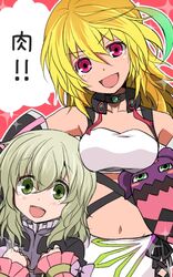  ahoge blonde_hair choker doll elise_lutus green_eyes green_hair long_hair midriff milla_maxwell multicolored_hair multiple_girls navel pink_background pink_eyes short_hair smile tales_of_(series) tales_of_xillia tipo_(xillia) toraneko tubetop two-tone_hair 