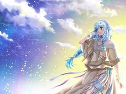  1girl blue_hair bracelet braid green_eyes jewelry lips long_hair original single_braid skirt sky solo usagiya_koharu 