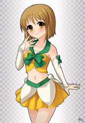  bow brown_eyes brown_hair detached_sleeves hagiwara_yukiho highres idolmaster midriff navel reira_(snowstrawberry) short_hair skirt smile solo 