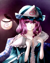 breasts candle hat highres hir0 japanese_clothes long_sleeves no_bra pink_eyes pink_hair saigyouji_yuyuko smile solo touhou triangular_headpiece undressing wide_sleeves 