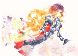  blonde_hair dress frilled_dress frills gradient_hair hijiri_byakuren long_hair multicolored_hair nakolico purple_hair solo sorcerer's_sutra_scroll touhou traditional_media watercolor_(medium) wavy_hair 