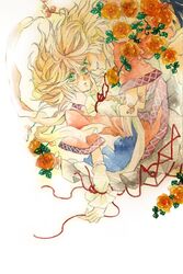  2girls arm_warmers blonde_hair clone eye_contact flower green_eyes hands_on_another's_face hands_on_another's_face looking_at_another mizuhashi_parsee multiple_girls nakolico orange_eyes red_string rose short_hair solo string touhou traditional_media watercolor_(medium) 