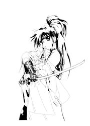  absurdres andrea_poblete bare_shoulders bow detached_sleeves earrings fingerless_gloves gloves greyscale hair_bow highres jewelry katana lace-up_gloves long_hair mitsurugi_ryouko monochrome mouth_hold ponytail real_bout_high_school simple_background solo string_in_mouth sword tassel thigh-highs thighhighs torn_thighhighs vector_trace weapon white_background 