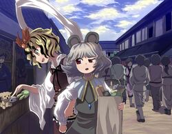  animal_ears basket black_hair blonde_hair capelet grey_hair hair_ornament jewelry mouse mouse_ears mouse_tail multicolored_hair multiple_girls nazrin open_mouth pendant red_eyes shope short_hair tail tail_hold toramaru_shou touhou toy two-tone_hair yellow_eyes 