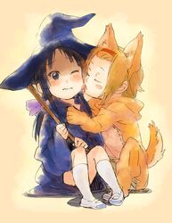  akiyama_mio animal_ears blush bow broom cosplay costume fukutarou_(enji127) hairband halloween japanese_clothes k-on! kneehighs licking multiple_girls shoes tail tainaka_ritsu uwabaki wavy_mouth white_legwear wince wink witch young 