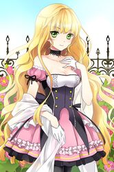  bare_shoulders black_legwear blonde_hair breasts choker cleavage collarbone detached_sleeves flower frills gloves green_eyes layered_dress long_hair lowres m-ca mca outdoors pantyhose pleated_dress seven smile sword_girls very_long_hair wavy_hair 