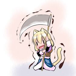  animal_ears blonde_hair blush cat_ears cat_tail chibi hoshizuki_(seigetsu) mizuhashi_parsee open_mouth puru-see scythe solo tail touhou trembling |_| 