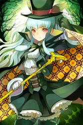  aqua_hair arm_up belt black_legwear blush bow cane cape cocorip corset gloves hair_bow hat heart holding layered_skirt linus_falco long_hair lowres pleated_skirt ponytail red_eyes ribbon skirt smile sword_girls tattoo thigh-highs thighhighs top_hat wavy_hair 