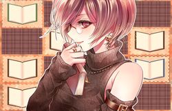  bare_shoulders belt book brown brown_eyes brown_hair detached_sleeves earrings eyelashes glasses highres jewelry meiko necklace ring short_hair smile sweater turtleneck vocaloid 