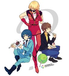  adjusting_sunglasses amuro_ray blonde_hair blue_hair brown_hair cake closed_eyes eating ebira eyes_closed food fork gloves gundam haro jacket kamille_bidan male military military_uniform multiple_boys plate quattro_bajeena red_gloves short_hair sleeveless sunglasses uniform zeta_gundam 
