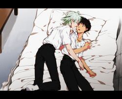  bed brown_hair eye_contact from_above hand_on_shoulder hosaka_dx ikari_shinji looking_at_another lying multiple_boys nagisa_kaworu neon_genesis_evangelion pillow surprised white_hair yaoi 