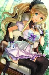  belt bird_on_hand black_legwear blonde_hair blue_eyes breasts chair cleavage cross ddongu detached_collar detached_sleeves floral_print gloves hand_on_hip layered_skirt long_hair lowres pleated_skirt ponytail print_legwear sitting skirt smile striped sword_girls thigh-highs thighhighs very_long_hair wavy_hair 