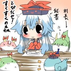  blue_dress blue_eyes blue_hair blush bow chibi dress ex-keine fujiwara_no_mokou hat horns kamishirasawa_keine kamishirasawa_keine_(hakutaku) long_hair lowres rebecca_(keinelove) sukusuku_hakutaku touhou translated 