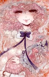  2girls absurdres blush bowtie bracelet cherry_blossoms comic dual_persona eyelashes face frills ghost hand_on_head highres hitodama jewelry leg_hug lips long_hair multiple_girls orange_eyes patting_head petals pink pink_hair red_eyes sad saigyouji_yuyuko saigyouji_yuyuko_(living) scan shimenawa side silent_comic smile takatora time_paradox touhou wavy_hair young 