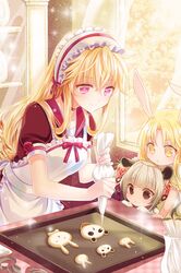  animal_ears apron bangs black_eyes blonde_hair blush bow bunny_ears cannelle choker cinia_pacifica collarbone cookie drill_hair flower food frills frown grey_hair holding long_hair lowres maid_headdress panda_ears parted_bangs penika pink_eyes rabbit_ears reum ribbon rose short_sleeves smile sword_girls very_long_hair yellow_eyes 