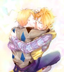  blonde_hair closed_eyes eyes_closed glasses hug kurusu_shou male multiple_boys open_mouth shinomiya_natsuki short_hair smile solo uta_no_prince-sama 