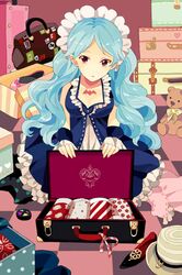  bangs bat briefcase crescent_nazo dress frilled_dress frills hat holding long_hair looking_at_viewer lowres maid_headdress mu-i open_mouth parted_bangs polka_dot red_eyes sitting striped stuffed_animal stuffed_toy sword_girls tattoo teddy_bear wavy_hair 