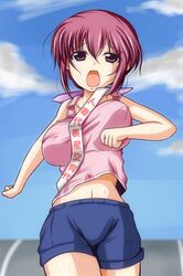 hair_ribbon highres hoshizora_ikuyo milf navel nishi_koutarou open_mouth precure purple_hair ribbon running sash shorts smile_precure! solo translated translation_request 