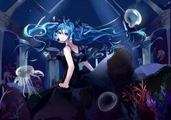  aqua_eyes aqua_hair black_dress blue_eyes blue_hair dress floating_hair hatsune_miku jellyfish long_hair shinkai_shoujo_(vocaloid) smile solo twintails underwater very_long_hair vocaloid 