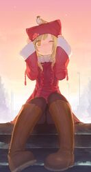 ;o animal_on_head bird bird_on_head black_legwear blonde_hair blush boots coat eurasian_tree_sparrow from_below hat highres long_hair original pantyhose sitting solo sparrow stairs takekono wink yellow_eyes 