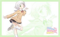  blown_kiss bow bowtie cardigan frame green_eyes highres kawamura_kousuke leg_lift leg_up logo looking_at_viewer miniskirt official_art onii-chan_dakedo_ai_sae_areba_kankeinai_yo_ne pose sawatari_ginbee_haruomi sawatari_ginbei_haruomi school_uniform serafuku shoe_soles shoes short_hair silver_hair skirt sneakers solo title_drop wallpaper wink zoom_layer 