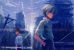  blue_eyes brown_hair city hand_in_pocket highres ikari_shinji nagisa_kaworu neon_genesis_evangelion red_eyes ruins short_hair smile white_hair 