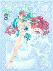  anklet bare_legs barefoot beads bikini bracelet end_breaker! fish green_eyes hair_ornament hourglass jewelry long_hair long_legs necklace red_hair redhead swimsuit veil very_long_hair water 