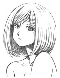  1girl bare_shoulders bbb_(friskuser) eba_kurako highres hyouka lineart monochrome short_hair 