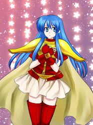  74 armor blue_eyes blue_hair cape eirika fingerless_gloves fire_emblem fire_emblem:_seima_no_kouseki frown gloves long_hair skirt solo thigh-highs thighhighs 