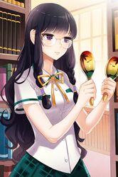  bangs black_hair blunt_bangs book bookshelf bow braid dress_shirt frown glasses holding instrument long_hair lowres maracas plaid plaid_skirt pleated_skirt purple_eyes ribbon school_uniform serie shirt short_sleeves skirt sword_girls very_long_hair violet_eyes wavy_hair 