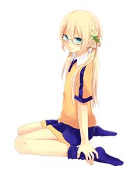 absurdres blonde_hair blue_eyes blush flower fusion glasses highres inazuma_eleven_(series) inazuma_eleven_go inazuma_eleven_go_chrono_stone jeanne_d'arc_(inazuma_eleven) jeanne_d'arc_(inazuma_eleven) kirino_ranmaru male raimon shorts sitting soccer_uniform socks solo twintails white_background 
