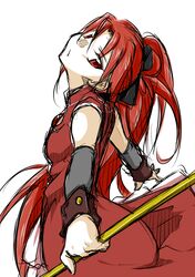  bow detached_sleeves dress hair_bow head_tilt lance long_hair magical_girl mahou_shoujo_madoka_magica manabebebe polearm ponytail red_eyes red_hair redhead rough sakura_kyouko solo very_long_hair weapon wrist_cuffs 